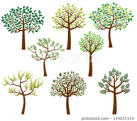 Vector trees with green leaves for spring designs Vector trees with green leaves for spring designs 134835319