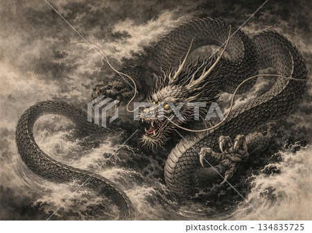 一條威風凜凜的龍出現在雲海之中 134835725