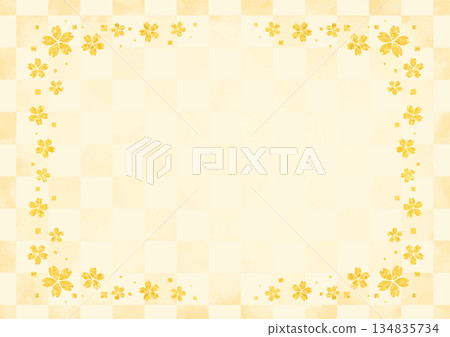 Yellow checkered background decorated with gold glitter cherry blossoms Yellow checkered background decorated with gold glitter cherry blossoms 134835734