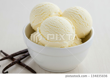 Close-up of a white bowl filled with three scoops of cookie vanilla ice cream, garnished with a cookies Close-up of a white bowl filled with three scoops of cookie vanilla ice cream, garnished with a cookies 134835836