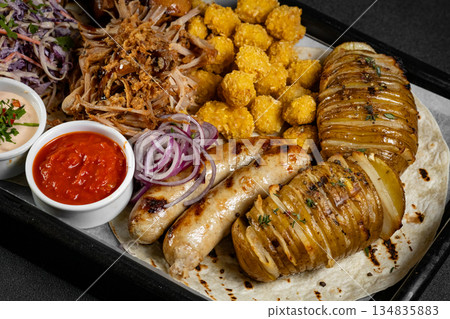 Delicious grilled meat platter with various sauces served on a wooden board, perfect for sharing with friends and family Delicious grilled meat platter with various sauces served on a wooden board, perfect for sharing with friends and family 134835883