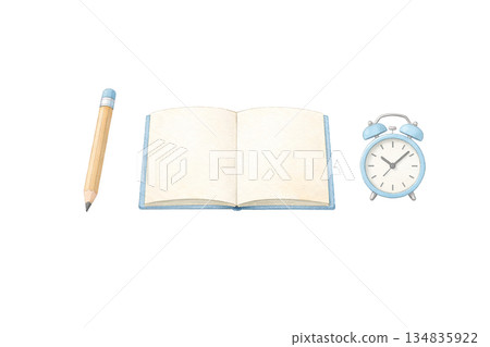 Watercolor illustration of a notebook and clock for learning and time management Watercolor illustration of a notebook and clock for learning and time management 134835922