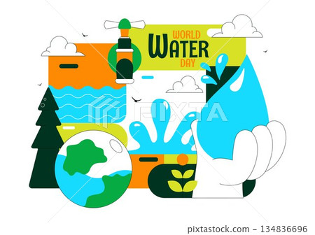 World Water Day Vector Illustration Featuring Waterdrops, Taps, Plus Messages Encouraging Earth Protection And Freshwater Management Background 134836696