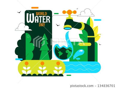 World Water Day Vector Illustration Featuring Waterdrops, Taps, Plus Messages Encouraging Earth Protection And Freshwater Management Background 134836701