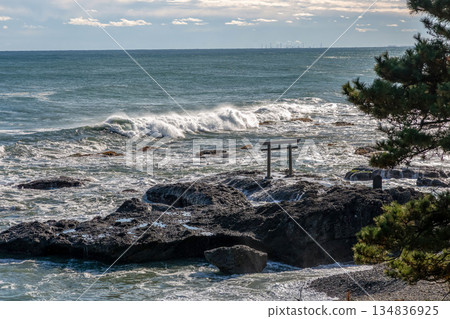 The seascape at Kamiiso no Torii, where rough waves sparkle in the partial backlight [Oarai Coast, Ibaraki Prefecture] 134836925