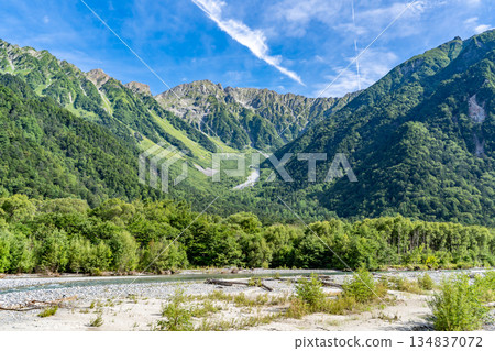 Looking up at the Hotaka mountain range (Okuhotakadake and Tsuri Ridge) from the Azusa River in Konashidaira. Kamikochi Nature Trail. Forest bathing walk. Looking up at the Hotaka mountain range (Okuhotakadake and Tsuri Ridge) from the Azusa River in Konashidaira. Kamikochi Nature Trail. Forest bathing walk. 134837072