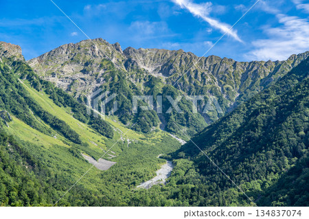 Looking up at the Hotaka mountain range (Okuhotakadake and Tsuri Ridge) from the Azusa River in Konashidaira. Kamikochi Nature Trail. Forest bathing walk. Looking up at the Hotaka mountain range (Okuhotakadake and Tsuri Ridge) from the Azusa River in Konashidaira. Kamikochi Nature Trail. Forest bathing walk. 134837074