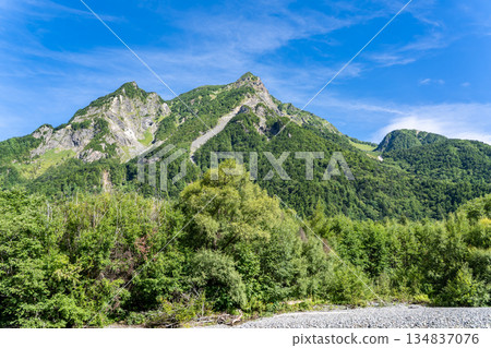 Mt. Myojin seen from the left bank of the Azusa River. Kamikochi Nature Trail. Forest Walking. Mt. Myojin seen from the left bank of the Azusa River. Kamikochi Nature Trail. Forest Walking. 134837076