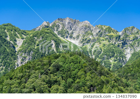 從梓川左岸眺望前穗塚山北脊。上高地自然步道。森林漫步。 從梓川左岸眺望前穗塚山北脊。上高地自然步道。森林漫步。 134837090