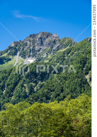 Looking up at Mount Maehotaka from the left bank of the Azusa River, Kamikochi Nature Trail, Forest Walking 134837095