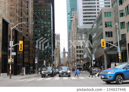 City intersection and business district with skyscrapers 134837446