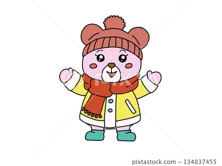 Bear playing with a knitted hat and scarf 134837455
