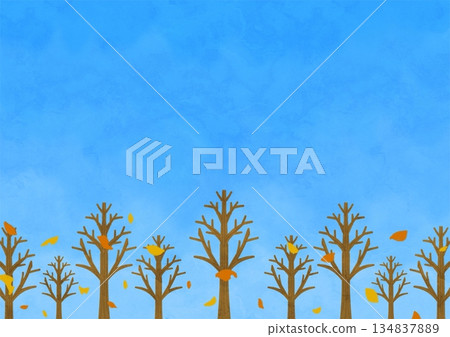 手繪插圖,描繪了枯樹、落葉和藍天。 手繪插圖,描繪了枯樹、落葉和藍天。 134837889