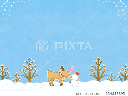 Hand-drawn illustration of a snowy landscape with reindeer and snowmen Hand-drawn illustration of a snowy landscape with reindeer and snowmen 134837895
