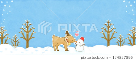 Hand-drawn banner illustration of a snowy landscape with reindeer and snowmen 134837896