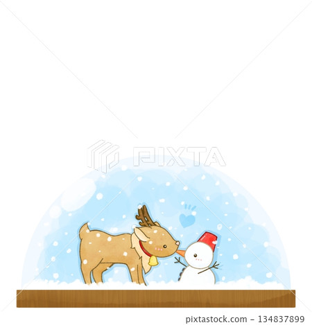 Hand-drawn illustration of a reindeer and snowman snow globe Hand-drawn illustration of a reindeer and snowman snow globe 134837899