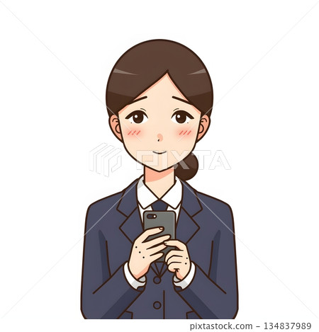 可愛的插畫，描繪了一位手持智慧型手機的女上班族。 134837989