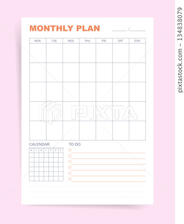 Monthly Planner Template with Blank Calendar Grid, Mini Tracker and To-Do List 134838079