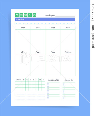 Weekly planner template with objective bar, week labels and daily sections. Includes a notes column, habit tracker and shopping and chores lists. blue and green minimal design for productivity. Weekly planner template with objective bar, week labels and daily sections. Includes a notes column, habit tracker and shopping and chores lists. blue and green minimal design for productivity. 134838084