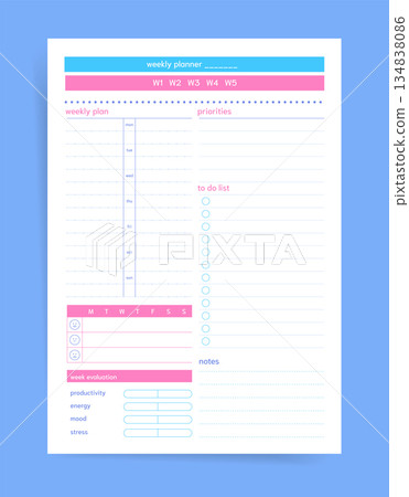 Weekly Planner Template with Priorities, Mood Evaluation, Productivity Tracking and Notes. Pastel Blue Organizer Page for Time Management, Self Assessment and Personal Planning Vector Layout Weekly Planner Template with Priorities, Mood Evaluation, Productivity Tracking and Notes. Pastel Blue Organizer Page for Time Management, Self Assessment and Personal Planning Vector Layout 134838086