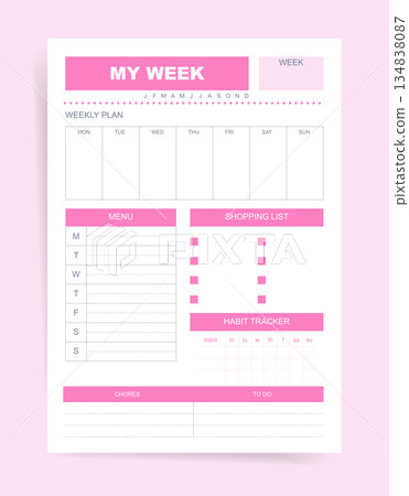 Minimalist Weekly Planner Template with Meal Menu, Shopping List, Habit Tracker and Chores Section. Clean Pink Organizer Page for Personal Schedule, Productivity Planning and Home Routine Management V Minimalist Weekly Planner Template with Meal Menu, Shopping List, Habit Tracker and Chores Section. Clean Pink Organizer Page for Personal Schedule, Productivity Planning and Home Routine Management V 134838087