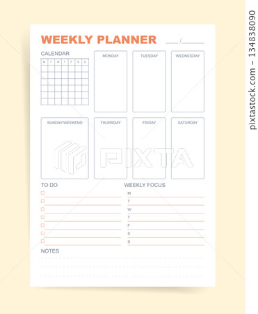 Clean Weekly Planner Template with Large Daily Columns, Calendar Grid, To Do List and Weekly Focus Section. Minimal Neutral Organizer Page for Office Work, Study Planning and Time Management Sheet 134838090