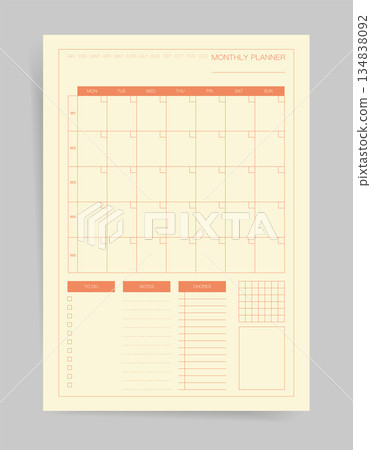 Monthly planner template featuring calendar grid with week labels, to-do, notes and chores sections plus tracker boxes. Minimal beige and orange design for organized scheduling and management. Monthly planner template featuring calendar grid with week labels, to-do, notes and chores sections plus tracker boxes. Minimal beige and orange design for organized scheduling and management. 134838092