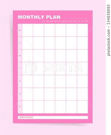 Pink monthly plan template with weekly grid and month review section. Calendar layout with week columns and space for daily planning. Vector design for scheduling and reflection. 134838093