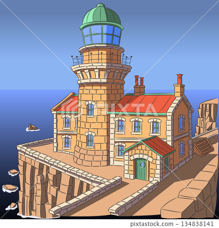 Lighthouse building on rocky coast illustration 134838141