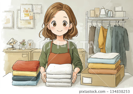 圖：一位年輕女子在服飾改造店裡認真疊衣服。 134838253