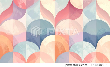 Modern seamless vector pattern featuring a geometric arrangement of overlapping scallop shapes in a soft, muted pastel color palette. The design has a delicate, textured watercolor effect 134838398