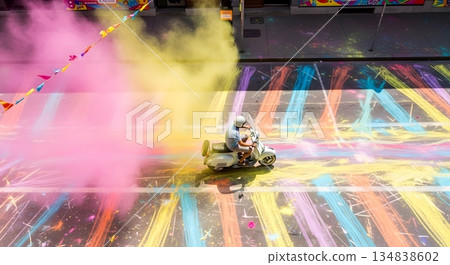 Colorful Chalk Art And Scooter Rider In A Vibrant Urban Street Scene 134838602