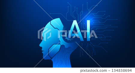 Artificial Intelligence Robot Head with Gear and Circuit Network, AI Automation System, Machine Learning Processing Concept, Smart Technology Innovation, Digital Brain Engineering Background 134838694