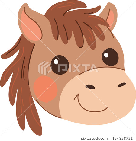 Cute cartoon horse head showing a friendly animal character. Ideal for kids books nursery decor classroom materials Cute cartoon horse head showing a friendly animal character. Ideal for kids books nursery decor classroom materials 134838731