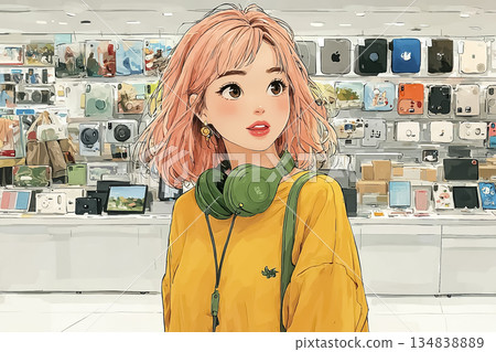 一位粉紅色頭髮的年輕女子正在瀏覽最新電子產品區。 134838889