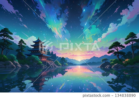 Game background: A magic hour dawn scene with traditional Japanese architecture 134838890