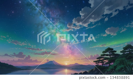 Game background: A magic hour dawn scene with traditional Japanese architecture 134838891