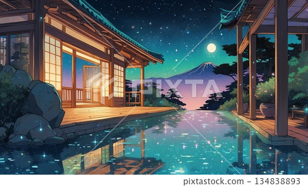 Game background: A magic hour dawn scene with traditional Japanese architecture Game background: A magic hour dawn scene with traditional Japanese architecture 134838893