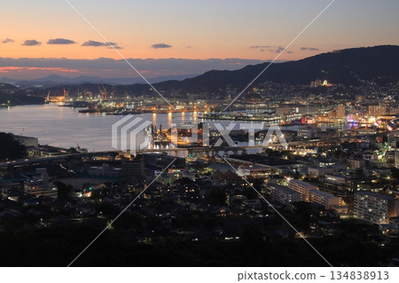 View of Sasebo Port and the city at dusk from Tenjinyama Observatory 134838913