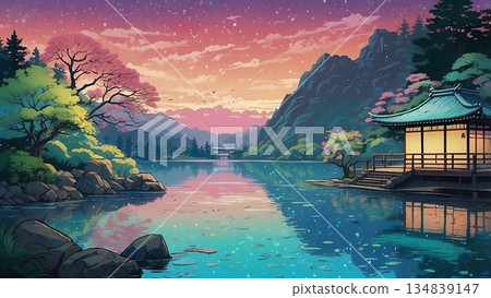 遊戲背景：黎明時分，日式傳統建築的迷人景色 134839147