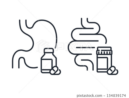 Medicine vial for stomach and intestine icon line stock illustration. Medicine vial for stomach and intestine icon line stock illustration. 134839174