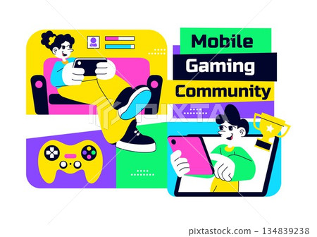 Mobile Gaming Community Vector Illustration Showing Online Players Interaction, Esports Teamwork, And Digital Entertainment Network in a Background 134839238