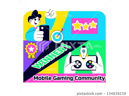 Mobile Gaming Community Vector Illustration Showing Online Players Interaction, Esports Teamwork, And Digital Entertainment Network in a Background 134839239