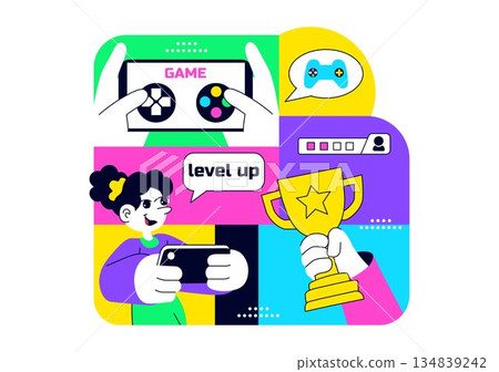 Mobile Gaming Community Vector Illustration Showing Online Players Interaction, Esports Teamwork, And Digital Entertainment Network in a Background 134839242