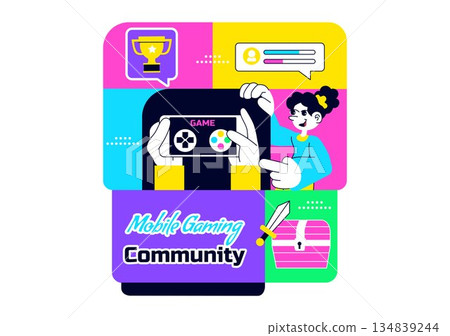 Mobile Gaming Community Vector Illustration Showing Online Players Interaction, Esports Teamwork, And Digital Entertainment Network in a Background 134839244