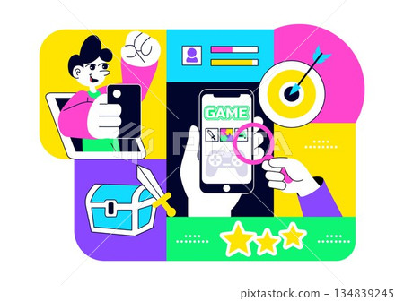 Mobile Gaming Community Vector Illustration Showing Online Players Interaction, Esports Teamwork, And Digital Entertainment Network in a Background 134839245