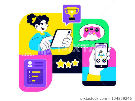Mobile Gaming Community Vector Illustration Showing Online Players Interaction, Esports Teamwork, And Digital Entertainment Network in a Background 134839246