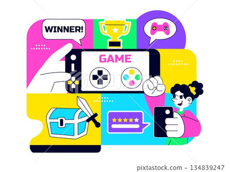 Mobile Gaming Community Vector Illustration Showing Online Players Interaction, Esports Teamwork, And Digital Entertainment Network in a Background 134839247
