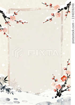 日式水彩風格的梅花雪景邊框，適合用作新年賀卡和新年祝福的背景。 134839248