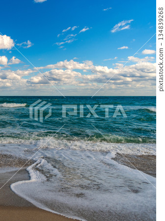 Horizon with sea cloudy sky. Calm horizon at sea. Romantic summer vacation seascape. Seascape horizon paradise. Sea sunrise on ocean beach. Sunset seascape at summer vacation. Endless horizon 134839268